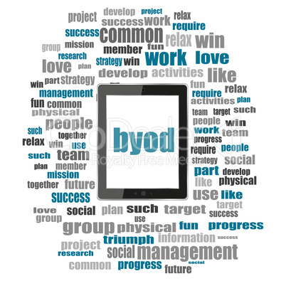 byod word. Management concept . Tablet pc with word cloud collage