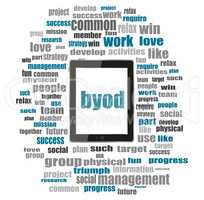 byod word. Management concept . Tablet pc with word cloud collage