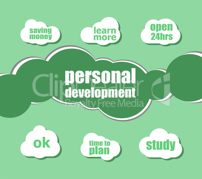 Text Personal Development. Business concept . word lettering typography with line icons and tag cloud on green background. Creative idea concept