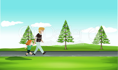 man walking with her daughter on the road in the garden