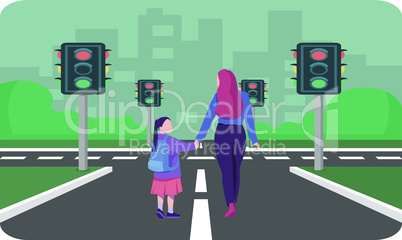 girl walking on the road with her mother