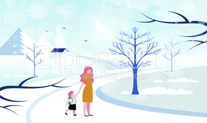 boy is walking on the road with his mother during snow