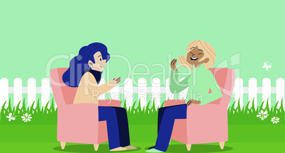 girls are sitting in a garden and talking to each other