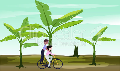 mother and her son riding a bicycle in a garden