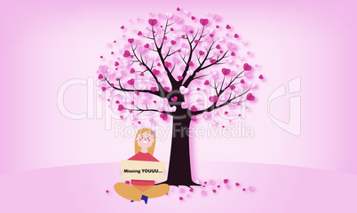 A girls is sitting near the tree and waiting for her husband