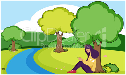 girl sitting near to the river and using phone