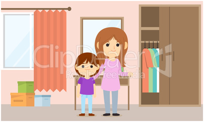 mother dressing up her daughter at home