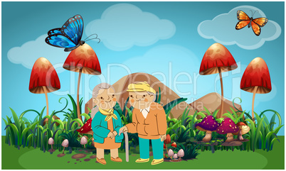 old couple walking in the garden