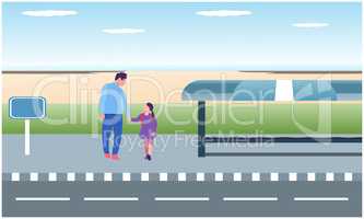 girl crossing road with her father