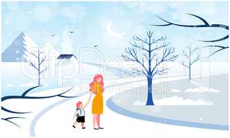boy is walking on the road with his mother during snow
