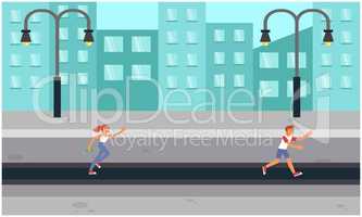 girl and boy running on the road