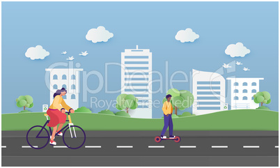woman is riding a bicycle on the road with her son