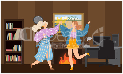 two girls are dancing at home