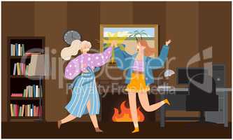 two girls are dancing at home