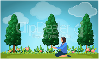 woman is taking care of flower in the garden