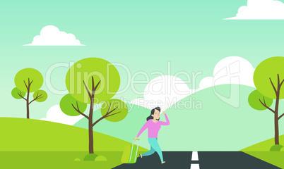 a girl is walking on the road