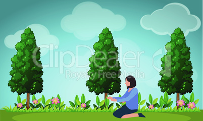 woman is taking care of flower in the garden