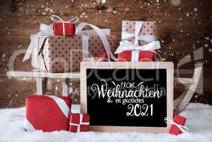 Sleigh, Gift, Snow, Snowflakes, Glueckliches 2021 Means Happy 2021