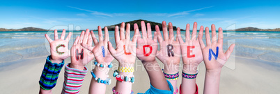 Children Hands Building Word Children, Ocean Background