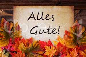 Old Paper With Text Alles Gute Means Best Wishes, Colorful Leaves Decoration