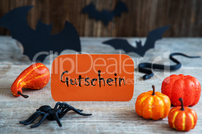 Orange Label, Text Gutschein Means Voucher, Scary Halloween Decoration