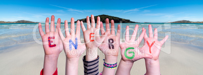 Children Hands Building Word Energy, Ocean Background