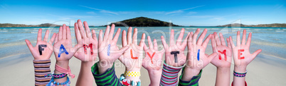 Children Hands Building Word Familytime, Ocean Background