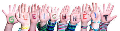 Children Hands Building Word Gleichheit Means Equality, Isolated Background