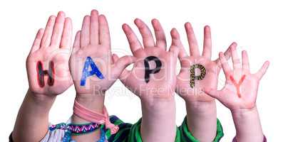 Children Hands Building Word Happy, Isolated Background