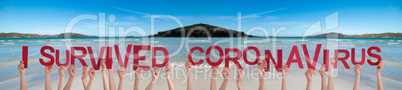 People Hands Holding Word I Survived Coronaviru, Ocean Background