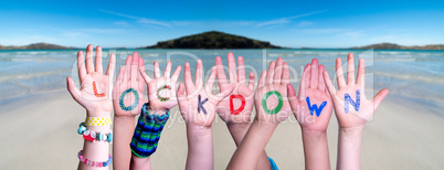 Kids Hands Holding Word Lockdown, Ocean Background