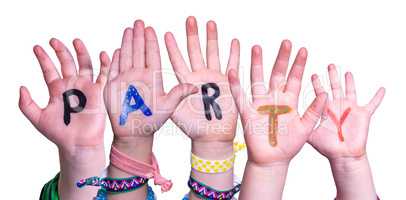 Children Hands Building Word Party, Isolated Background