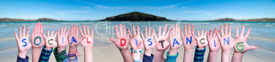Children Hands Building Word Social Distancing, Ocean Background