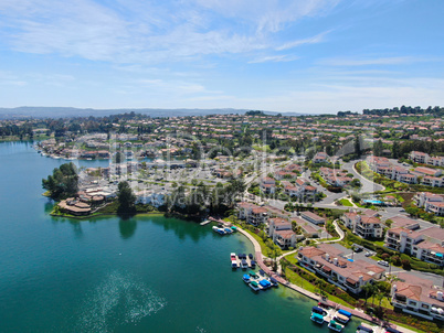 Aerial view of Lake Mission Viejo with private residential and condominium communities. California