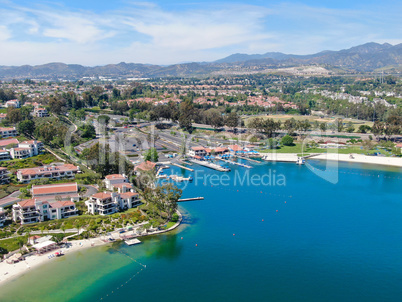 Aerial view of Lake Mission Viejo with private residential and condominium communities. California