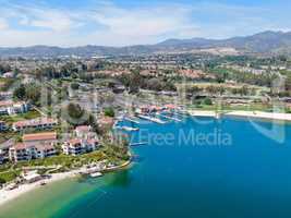 Aerial view of Lake Mission Viejo with private residential and condominium communities. California