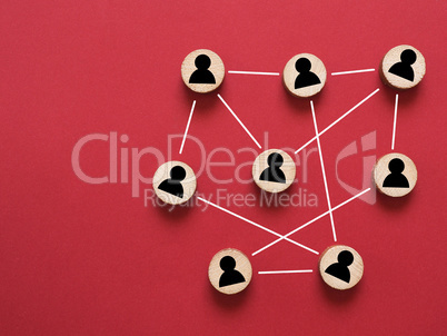 Abstract teamwork, network and community concept on a red paper