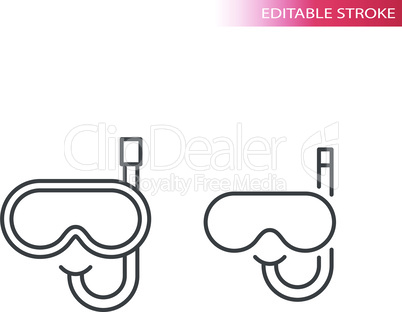 Scuba diving equipment, snorkel and goggles vector icons