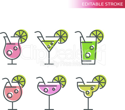 Cocktail glasses colorful vector icons set