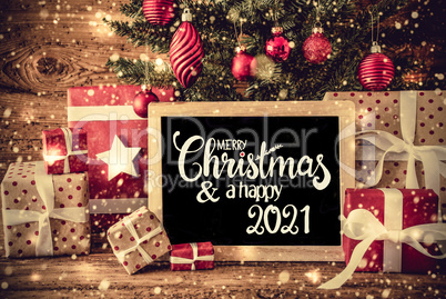 Christmas Tree, Present, Text Merry Christmas And A Happy 2021, Snowflakes