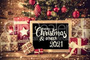 Christmas Tree, Present, Text Merry Christmas And A Happy 2021, Snowflakes