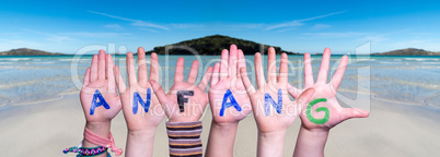 Children Hands Building Word Anfang Means Beginning, Ocean Background