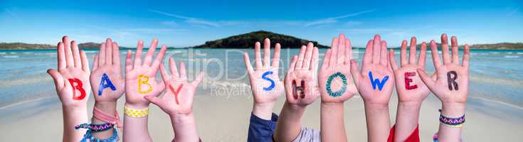 Children Hands Building Word Baby Shower, Ocean Background