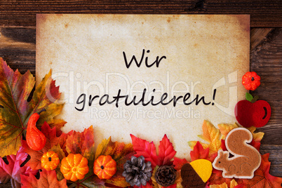 Old Paper With Wir Gratulieren Means Congratulations, Colorful Autumn Decoration