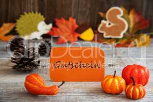 Label With Autumn Decoration, Gutschein Means Voucher