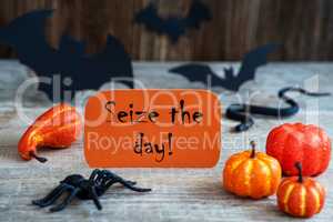 Orange Label, Text Seize The Day, Scary Halloween Decoration