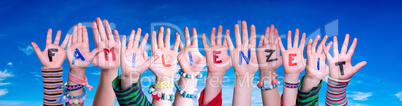 Children Hands Building Word Familienzeit Means Familytime, Blue Sky