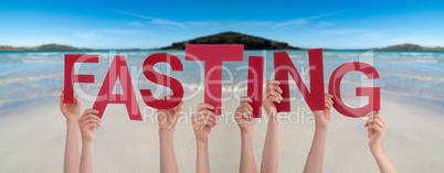 People Hands Holding Word Fasting, Ocean Background