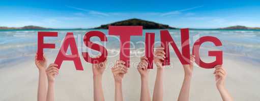 People Hands Holding Word Fasting, Ocean Background