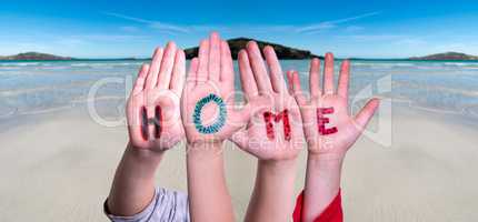 Children Hands Building Word Home, Ocean Background